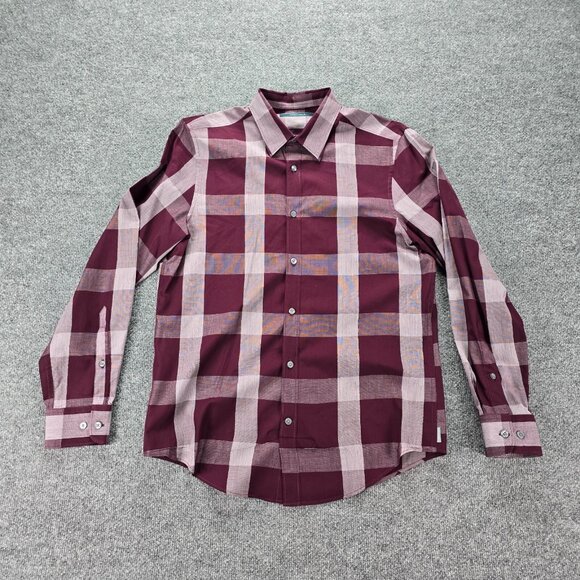 Perry‎ Ellis Shirt Mens Medium Red Maroon Plaid Long Sleeve Button Up Preppy - Picture 1 of 7